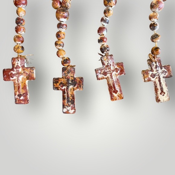 Rustic Oversized Porcelain Rosary Beads Distressed Cross 40" Boho Décor - Picture 6 of 6